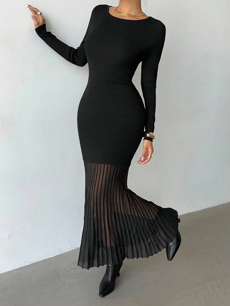 Elenzga Women's Elegant Fitted Boat Neck Organza Patchwork Hem Sweater Dress - Black - View 1