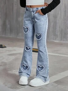 Jeans pitillo para niñas preadolescentes con bordado de corazón desgastado, pantalones vaqueros de denim azul claro lavado casual