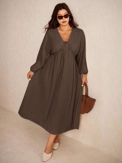 Elaquor Plus Size Women Solid Color Casual Loose Long Sleeve Drawstring Dress Spring