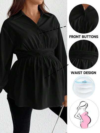 SHEIN Maternity Solid Color Long Sleeve Single-Breasted Waist Casual Shirt Black Blouses Maternity Blouse Curve Blouse Maternity Shirts For Women Plus Size Women Clothes Blouse