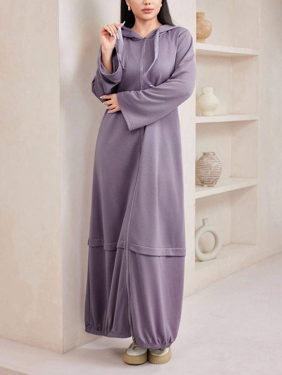 Veilorie Women's Casual Zip-Up Solid Color Hooded Long Sweatshirt Dress In Fall/Winter
