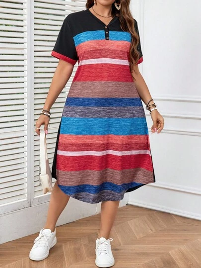 SHEIN LUNE 大码女式多色条纹纽扣前襟和袖口装饰母亲节连衣裙夏季