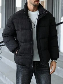 Manfinity CasualCool 男式拉链格子撞色长袖口袋冬季加厚外套，秋季 - 黑色 - 查看 3