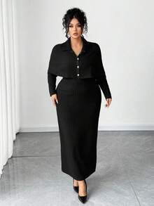 Elenzga Vestido de punto ajustado y elegante de talla grande, adecuado para usar en casa y al aire libre - Blanco y Negro - Ver 3