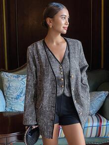 DAZY مجموعة جاكيت صدرية بدون أكمام ذات رقبة على شكل حرف V وبلوزة كاجوال بأكمام طويلة، لون متباين، قطعتان، خريف/شتاء رمضان - رمادي - مشاهدة 1