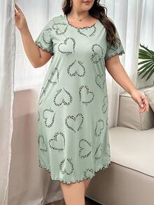 Plus Size Women Leopard Print Heart Graphic Ruffle Trim Round Neck Short Sleeve Nightgown, Moo Moo Night Dress