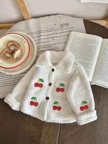 SHEIN 女婴厚羊毛刺绣花领长袖夹克，秋冬 - 白色 - 查看 6