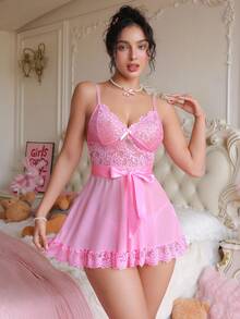 SHEIN 2件套女士性感蕾丝拼布睡袍和丁字裤套装 - 粉色 - 查看 1