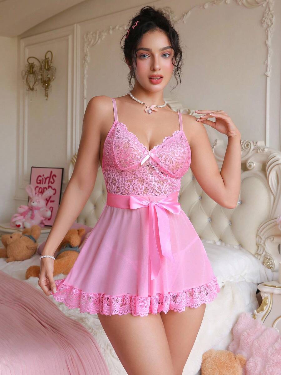 SHEIN 2件套女士性感蕾丝拼布睡袍和丁字裤套装 - 粉色 - 查看 1