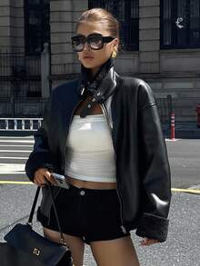 DAZY 女士休闲宽松羊毛常规款夹克，秋季女式外套 - 黑色 - 查看 5