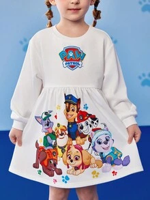 SHEIN | PAW Patrol 小女孩可爱卡通小狗印花圆领长袖针织白色连衣裙，适合秋冬 - 白色 - 查看 3