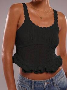 SHEIN BAE Sleeveless Frill Trim Solid Color Cropped Knit Top For Women - Black - View 7