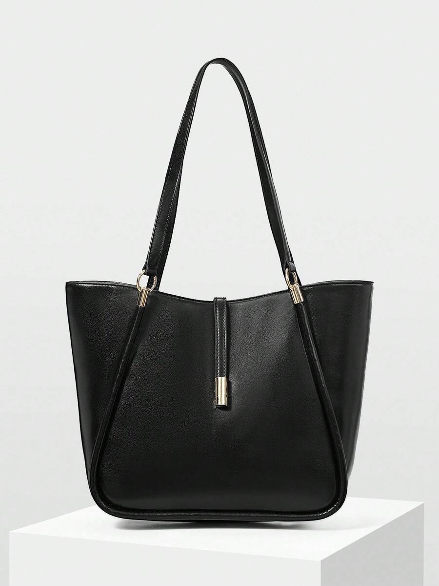 MOTF PREMIUM 女士 PU 皮革五金细节托特包 - 黑色 - 查看 2