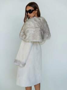 SHEIN ICON 秋冬女士仿毛领长袖时尚长款外套 - 米色 - 查看 6