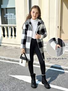 SHEIN Tween 女童双面格子和泰迪羊毛连帽拉链长款夹克，休闲时尚，适合周末出游，秋冬季 - 黑色 - 查看 4