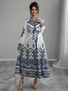 Momance 优雅V领女式印花长袖系腰连衣裙 - 藍色 - 查看 5