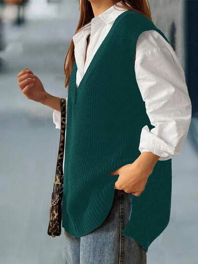 Easura 秋季大码女式纯色深V休闲宽松针织背心