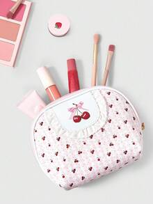 ROMWE Kawaii 1 件白色蕾丝和波尔卡圆点樱桃图案大容量便携式半圆形化妆包