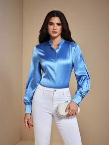 JIAN LASALA Stehkragen Laterne Langarm Figurbetontes Satin Knopfleiste Bluse Damen Frühling Herbst Elegant Winter Hochzeitsgast Luxuriöse Stilvolle Bekleidungskollektion - Blau - Übersicht 7