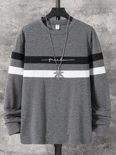 Teenager Boys' Casual Versatile Letter Print Patchwork Long Sleeve Round Neck T-Shirt Fall Winter