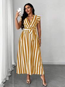 Maweii Plus Size Women Striped Overlap V-Neck Cap Sleeve Casual Dress - Orange - View 1