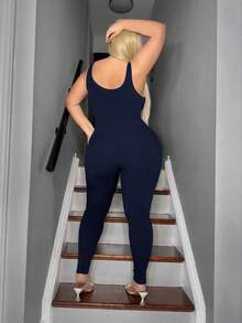 SHEIN SXY 大码女式纯色海军蓝休闲连体裤 - 藏蓝色 - 查看 2