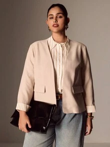 EMERY ROSE 大码女式休闲条纹拼布西装外套，适合通勤、街头风格、简约时尚、万圣节、日常穿着 - 卡其色 - 查看 7