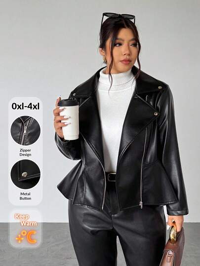 Firerie 黑色修身长袖PU皮大衣，收腰荷叶边下摆，金属扣拉链装饰，适合情人节、音乐会、演出、约会、正式晚宴、优雅场合、通勤、返校、度假、办公、美人鱼/Y2K风格。