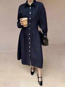 K-Vae 女装秋冬深色牛仔黑腰牛仔长裙，老款牛仔连衣裙，韩版，万圣节服装，别致秋季 - 深色水洗藍 - 查看 2