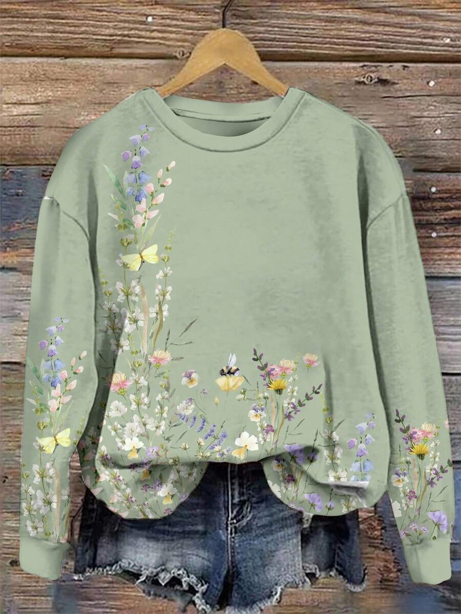 SHEIN LUNE Áo sweatshirt dài tay cổ tròn dáng rộng, họa tiết hoa vintage, phong cách thường ngày, dành cho nữ mùa thu/đông. Áo sweatshirt màu xanh lá cây nhạt, thích hợp mặc mùa thu/đông, thích hợp mặc ở nhà. - Nhiều màu - Xem 1