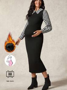 SHEIN Elegant Commuter Houndstooth Print Patchwork Fitted Maternity Dress - Black and White - View 1