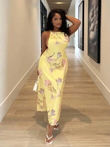 Alexandranx Women Solid Color Casual Spaghetti Strap Backless Floral Print Loose Hawaiian Vacation Sundress, Yellow Butter Yellow Summer Dress For Women,Boho Clothes Women