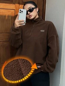 Dazy Plus Plus Size Zip-Up Letter Embroidered Loose Fit Fleece Hoodie, Streetwear Style, Autumn/Winter, Plus Size