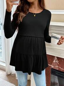 SHEIN Áo cho con bú trơn màu đơn giản, cổ tròn tối giản, tay dài - màu đen - Xem 5