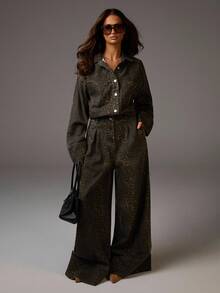 Athîral 女式长袖纽扣半襟休闲口袋阔腿宽松牛仔连体裤女式连体裤女式长袖连体裤女式阔腿连体裤女式连体裤豹纹连体裤 - 彩色 - 查看 6