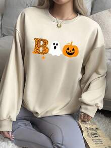 SHEIN Essnce Halloween Casual Minimalist Ghost, Spider Web, Pumpkin Print Pattern Loose Fit Crew Neck Long Sleeve Hoodie Sweatshirt For Women, Autumn/Winter - Apricot - View 3