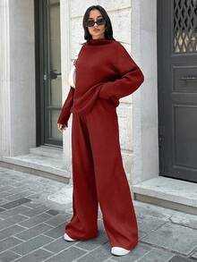 SHEIN Tall Women's Red Knitwear Sweater Co-Ord Set With Long Drop Shoulder Sleeves And Stand Collar Casual Plain Long Pants Two Piece Set Women Comfy Long Sleeve Two Piece Set - Red - View 3