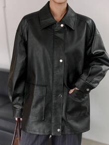 DAZY 女士PU皮革中长款休闲常规夹克女式外套