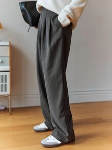 DAZY 女式条纹商务休闲常规裤秋季 - 深灰色 - 查看 5