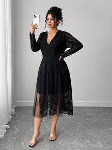 Elenzga Vestido midi elegante de encaje de unicolor talla grande, adecuado para ir al trabajo - Negro - Ver 6