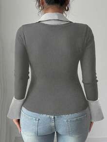 Elenzga Women's Plus Size Elegant Contrast Collar & Cuff Design Fitted High Stretch Ribbed Fabric Casual Long Sleeve Top - Multicolor - View 2