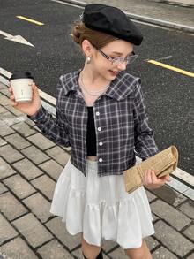 青少年女孩格子长袖单排扣彼得潘领可爱衬衫 - 彩色 - 查看 1