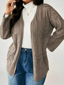 EMERY ROSE Elegant Mature Hollow Floral Pattern Cardigan, No Buttons - Mocha Brown - View 5