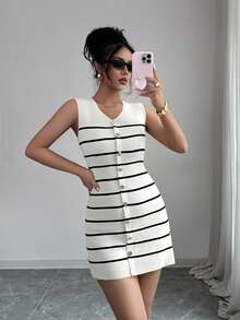 Elenzga Sleeveless Striped Metal Button Casual Knit Dress, Commuter Style, Vintage Look, For Women, Spring/Autumn