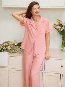 Ruffle Trim Pocket Patched PJ Set / Pajama Set