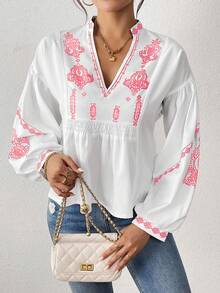 EMERY ROSE Áo sơ mi peplum tay dài in họa tiết nhún bèo cho nữ - Hồng - Xem 6