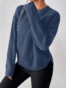 EMERY ROSE All-Match Solid Color Casual Loose Crew Neck Long Sleeve Women Sweaters - Dark Blue - View 3