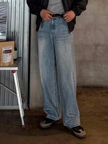 DAZY Men's Plain Washed Faded Blue Denim Jeans, Autumn - Blue - View 5