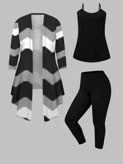 EMERY ROSE Plus Size Retro Wave Print 3 PiecesCasual Set