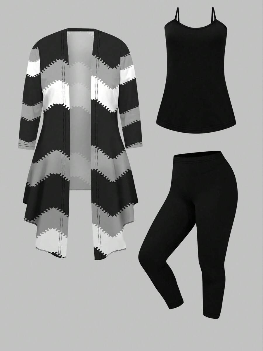 EMERY ROSE Plus Size Retro Wave Print 3 PiecesCasual Set - Multicolor - View 1